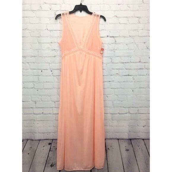Vtg Figurfit Long Nightgown Women's Sz M Peach Sheer Accordion Pleats Lace Flowy - Picture 1 of 11